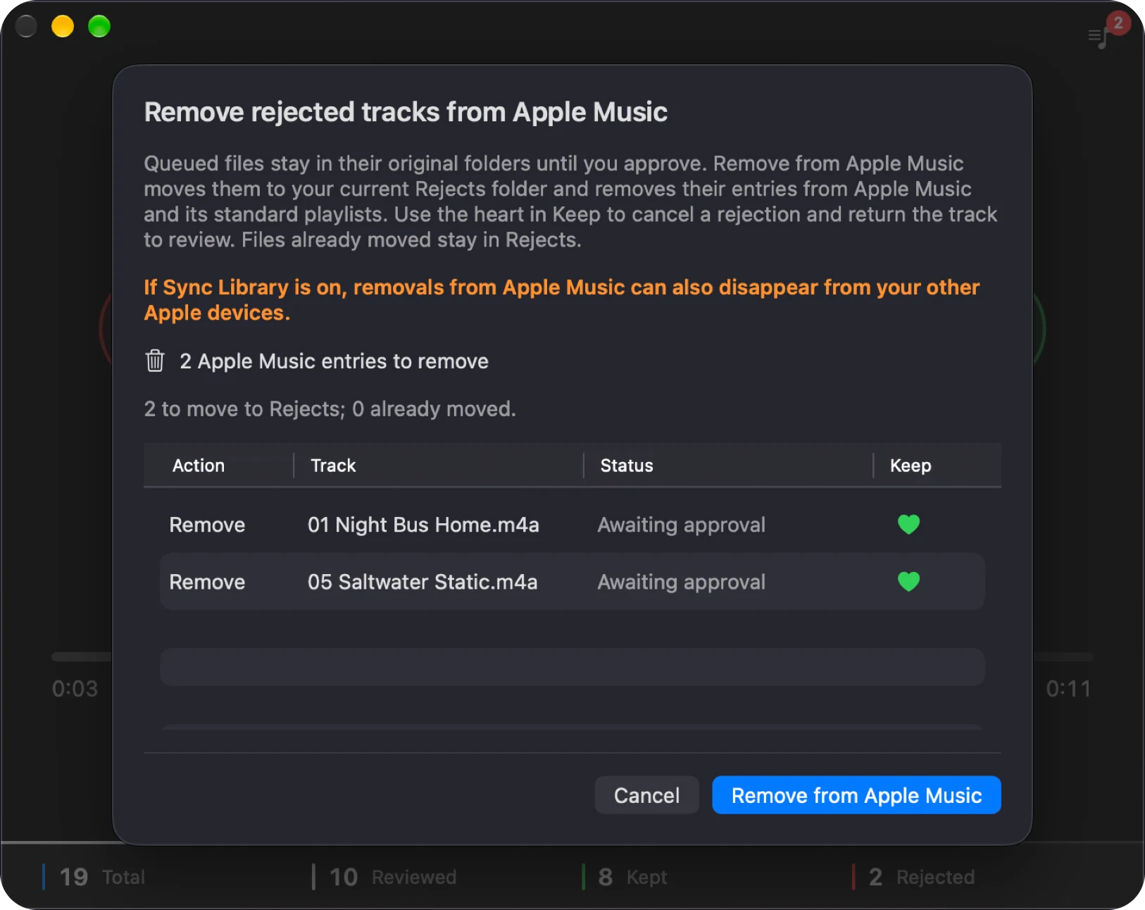Syfter's approval sheet listing rejected tracks awaiting approval before removal from Apple Music
