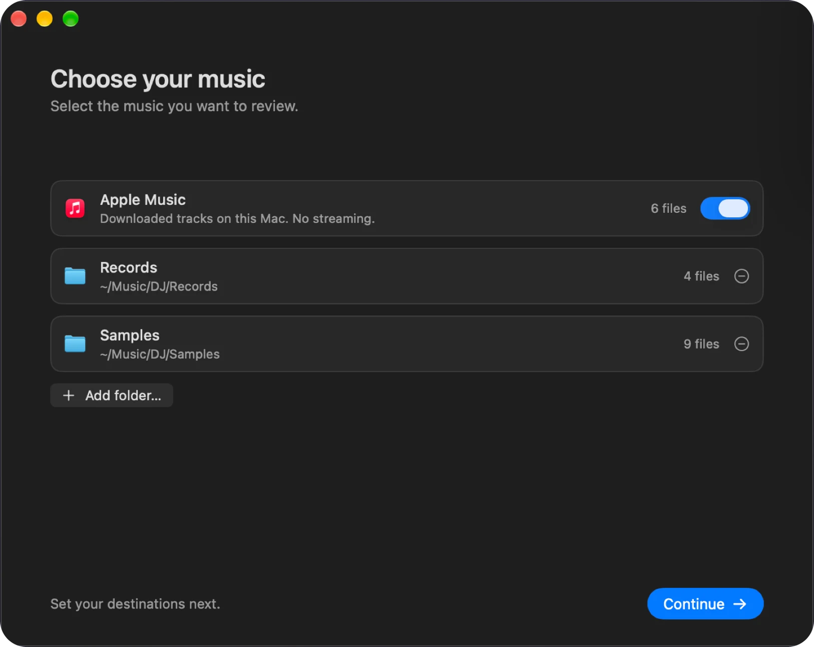 Syfter's Choose your music screen, with Apple Music, a Records folder and a Samples folder selected